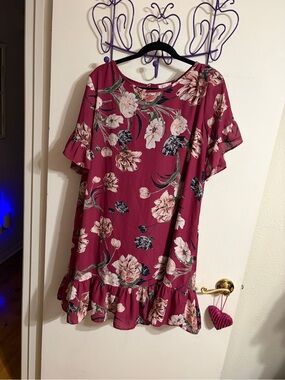 💜 XL Charming CharlieFloral Ruffle Hem Dress - Raspberry Pink